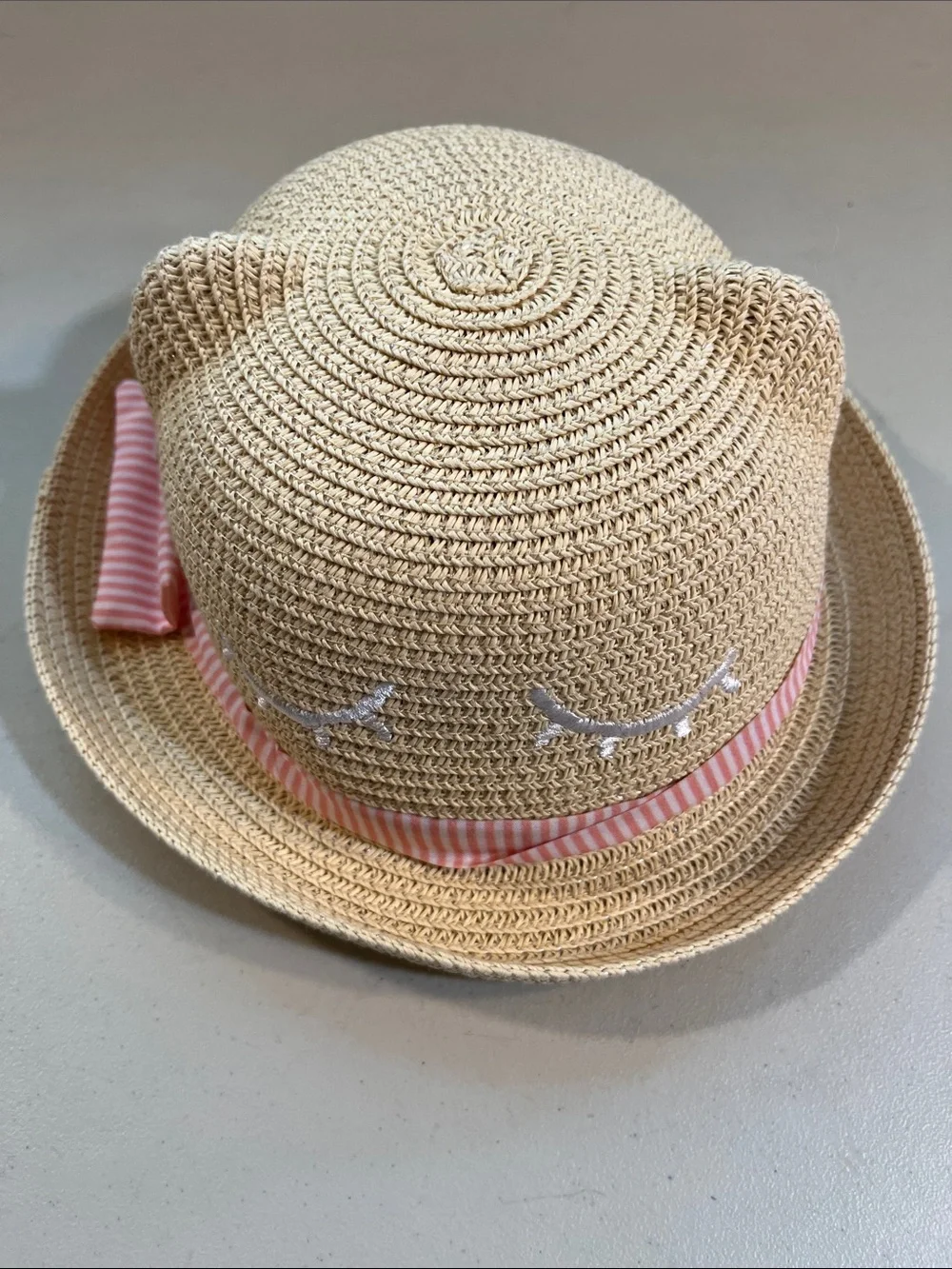 H&M Cream Straw Cat-Ear Sun Hat with Pink Striped Band